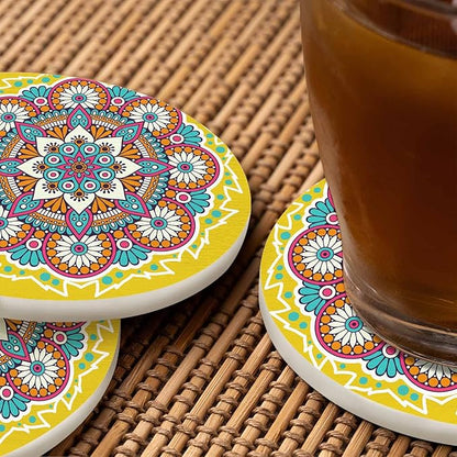 Flower Mandala Round Coaster for Home Coffee Table Chinese Oriental Mystic Yellow Background Asin Ornament Farmhouse Drink Coasters 100% Diatomite 4''X 4''X 0.35'' Printed Pattern