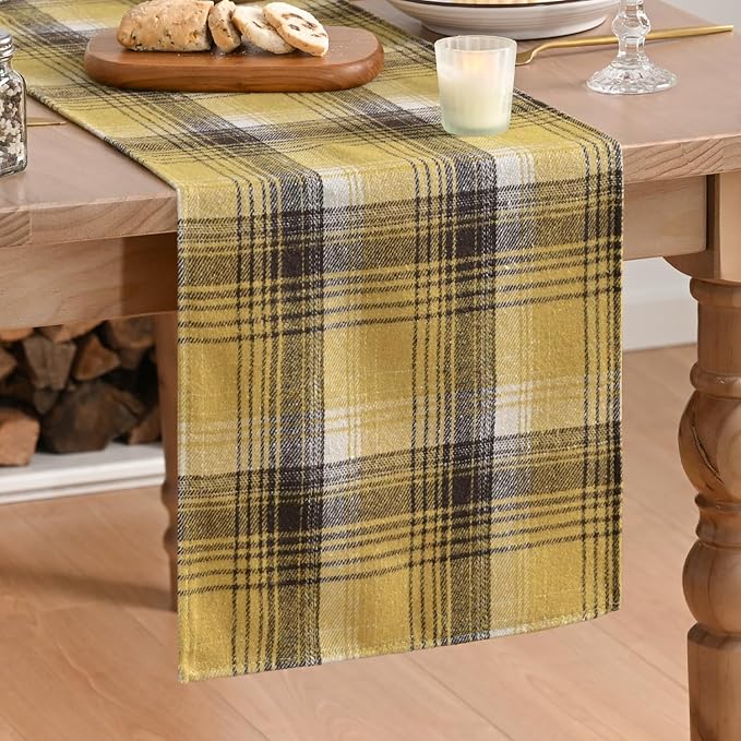 Artoid Mode Yellow Brown Farmhouse Plaid Spring Table Runner, Winter Rustic by ArtoidMode