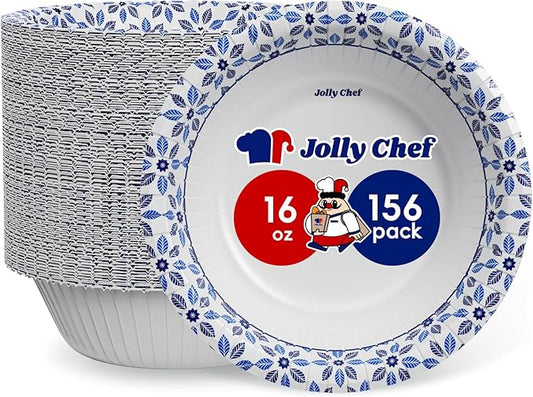 JOLLY CHEF 16 oz Paper Bowls 156 Count Soak Proof, Heavy Duty Printed Disposable Small Bowls Bulk for Dinner or Thanksgiving