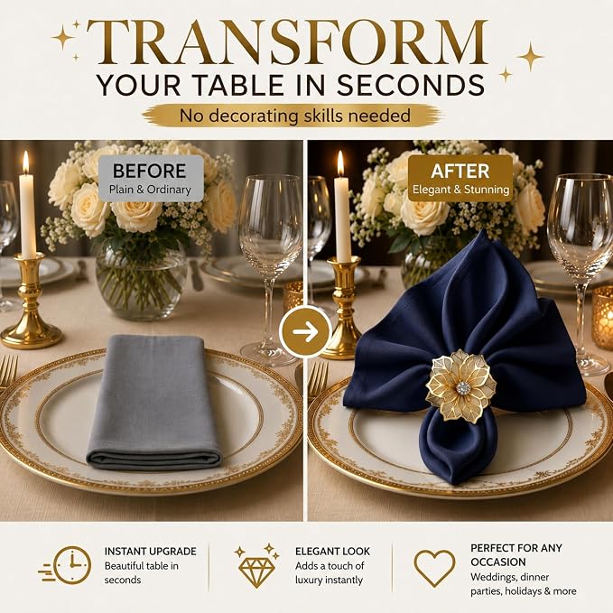 Gold Napkin Rings Set of 12 – Floral Design – Elegant Napkin Ring Holders - Image 3
