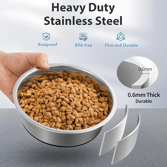 Stainless Steel Dog Bowls Set of 2, Anti Rust Metal & Non Slip Rubber Base, Heavy Duty Large Feeding Dishes, Food Grade BPA Free, Food and Water Bowl for Small Dogs (17oz, 2.1cup)