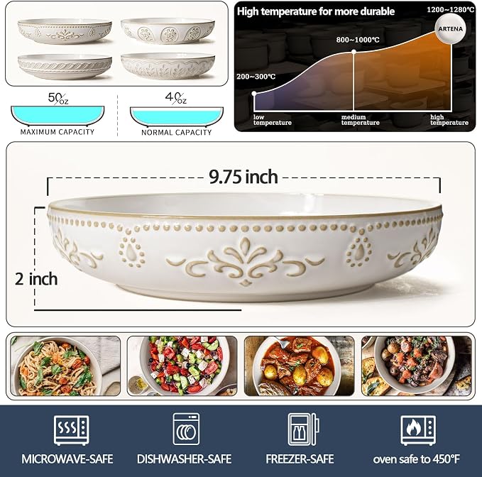 Pasta Bowls, 50oz Large Salad Serving Bowls, 9.75'' Plates Bowl Set of 4 - Image 3