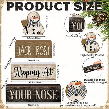 Moucuny 4 Pcs Christmas Table Decor Wooden Snowman Black and White Winter - Image 4