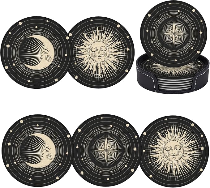 Sun Star Moon Leather Drinks Coasters by Unknown