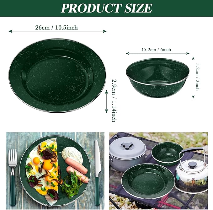 Nuogo 12 Pcs Enamel Camping Tableware Set Dinnerware Kit Includes 12 oz Coffee Mugs Camping Plates Bowls and Utensils Set with Knife Fork Spoon for 2 People Hiking Picnic Outdoor