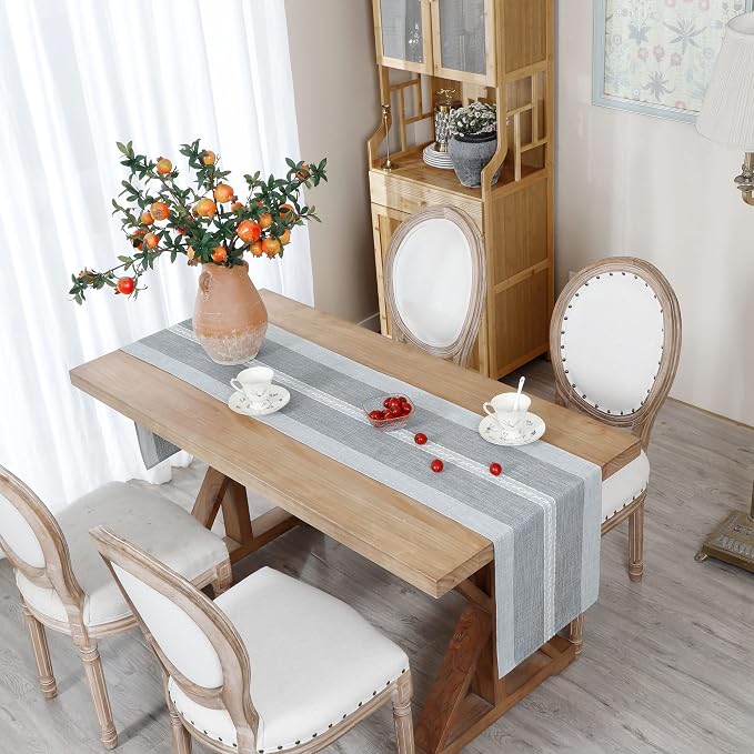NEWISHER Farmhouse Braided Striped Embroidery Table Runner 90 inches Grey | - Image 3