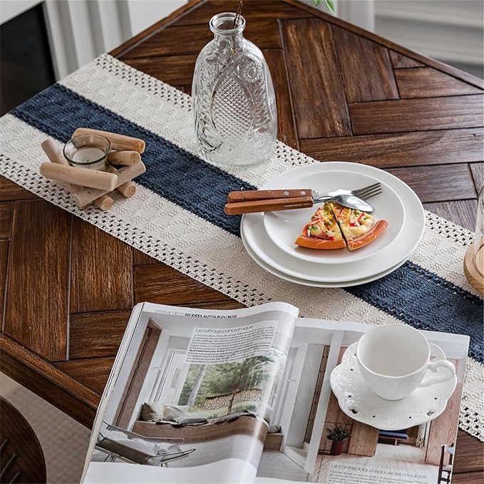 Macrame Table Runne Beige and Blue Boho Table Runners - Image 2