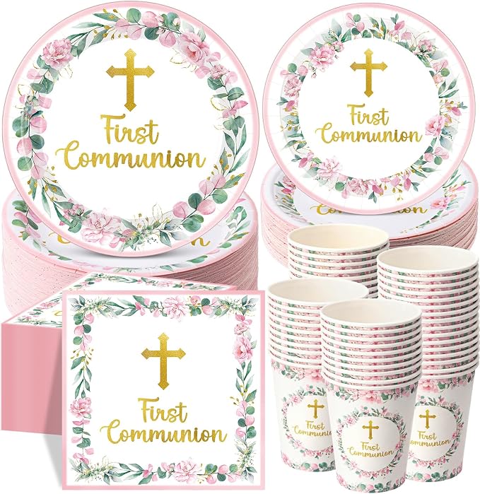 Pickmesh 250 Pcs Pink First Holy Communion Disposable Tableware Set God Bless by Pickmesh