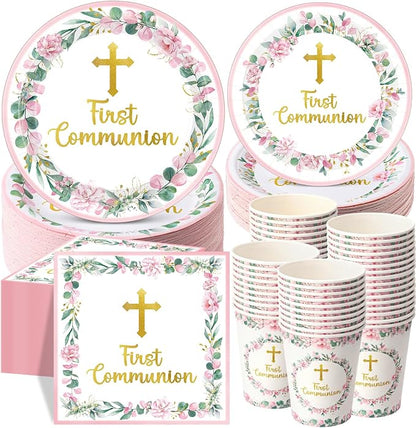 Pickmesh 250 Pcs Pink First Holy Communion Disposable Tableware Set God Bless by Pickmesh