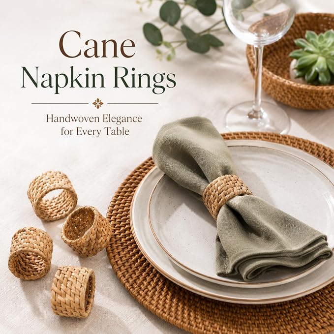 Rattan Napkin Rings Set of 12, Handwoven Natural Cane Napkin Ring Holders - Image 2