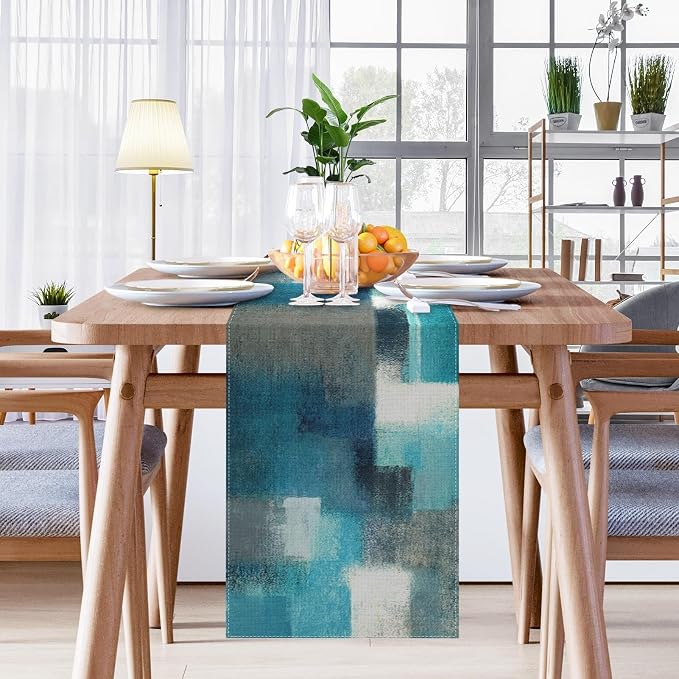 Emvency Table Runner, 13x90 Inch, Abstract Modern Farmhouse | Teal Grey Dining - Image 4