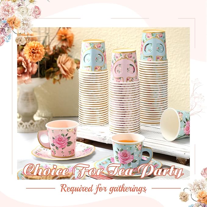 Umigy 60 Sets Floral Tea Party Decorations 9 oz Floral Paper Teacups & Saucer - Image 4