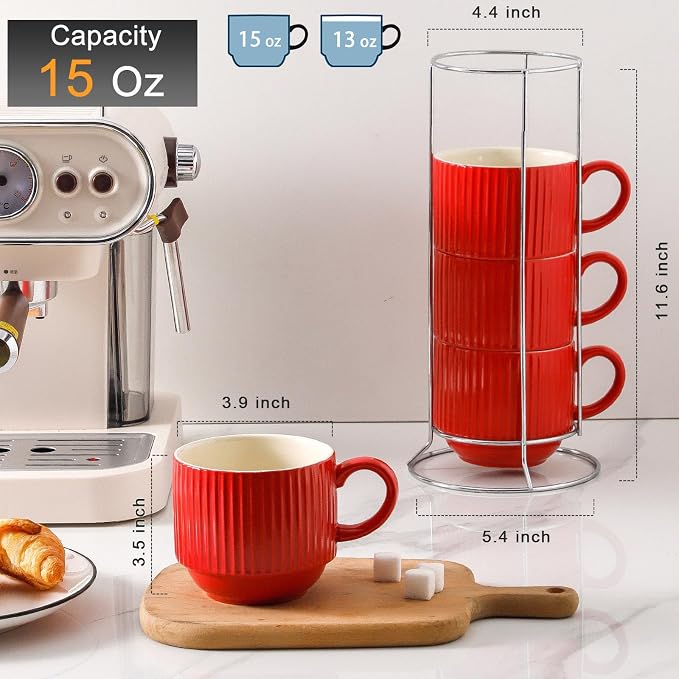 HASENSE Red Coffee Mugs, 15 oz Stackable Coffee Cups Set of 4 - Image 3