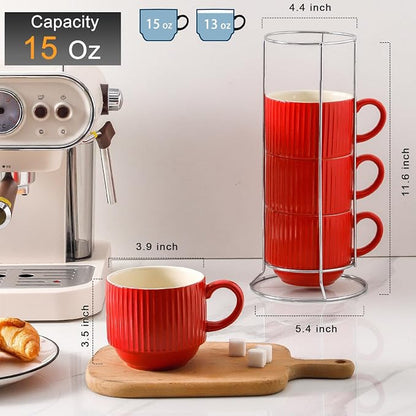 HASENSE Red Coffee Mugs, 15 oz Stackable Coffee Cups Set of 4 - Image 3