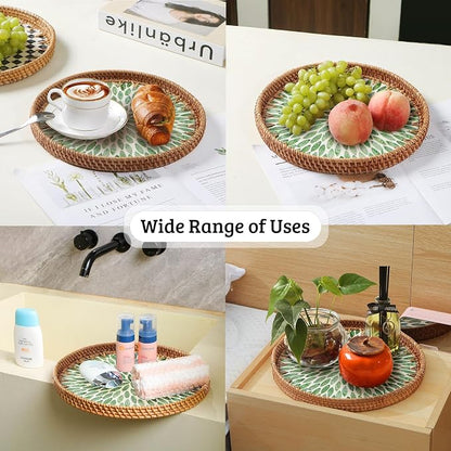 Round Rattan Tray with Mother of Pearl Inlay, Wooden Base | Coffee Table - Image 5