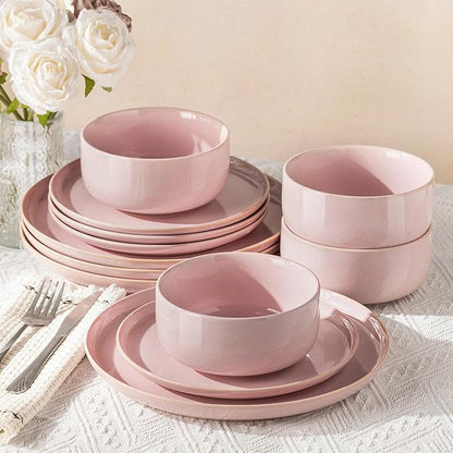 TheTerra Ceramic Dinnerware Sets for 4, 12 Pieces Handmade Reactive Glaze Plates and Bowls Set, Scratch Resistant Dish Set, Oven & Microwave & Dishwasher Safe, Sakura Pink