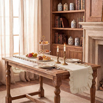 HunnmingRe Ruffle Trim Boho Table Runner Farmhouse Rustic Stripes Scalloped - Image 8
