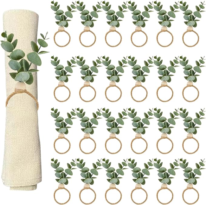 24 Pcs Napkin Rings with Artificial Eucalyptus Leaf Wood Bead Jute Rope by AEKAO