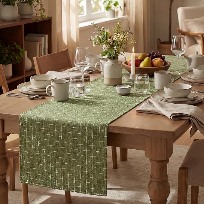 Artoid Mode Olive Green Cross-Star Textured Table Runner, Seasonal Waterproof - Image 5