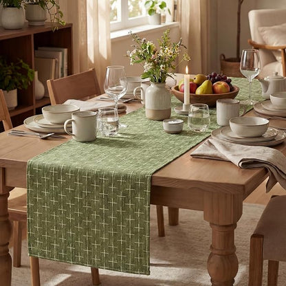 Artoid Mode Olive Green Cross-Star Textured Table Runner, Seasonal Waterproof - Image 5