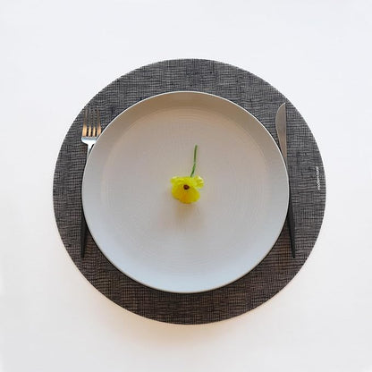 modern-twist 15" Round Silicone Placemat, BPA, PVC-Free Table Mat, Dishwasher Safe, Linen Print in Black, Pack of 1
