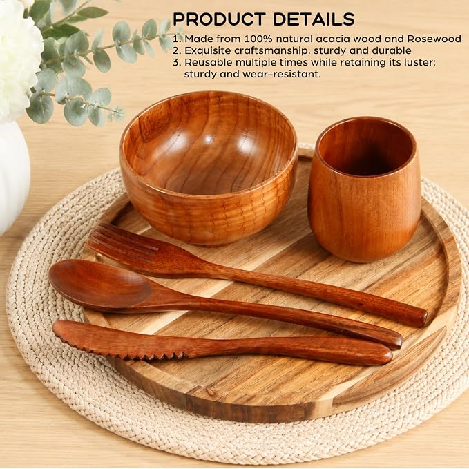 12 Pcs Acacia Wood Dinnerware Set 11.6 Inch Round Wooden Plates Bowls Tea Cups - Image 4