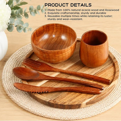 12 Pcs Acacia Wood Dinnerware Set 11.6 Inch Round Wooden Plates Bowls Tea Cups - Image 4