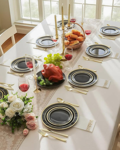 BESTSTAR 100PCS Black Plastic Plates Set with Gold Rim, 50 10.25 inch Dinner Plates and 50 7.5 inch Dessert Plates, Premium Disposable Plates forfor Party, Wedding, Holiday,And Halloween