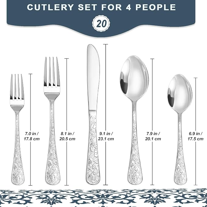 Runfly Vintage Carved Silver Stainless Steel 20-Piece Flatware Set | Silverware - Image 2