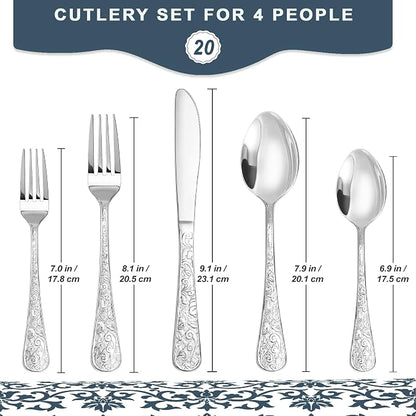 Runfly Vintage Carved Silver Stainless Steel 20-Piece Flatware Set | Silverware - Image 2
