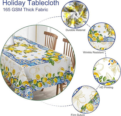 Lemon Tablecloth 60 x 84 Inch Rectangle, Yellow and Blue Mediterranean Summer Decor Tile Flower Pattern Table Cloth Italian Themed Decor for Party Oblong Table Cover for Dining Room