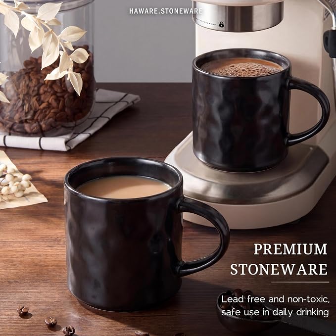 HaWare Coffee Mugs Set of 4, 14 Ounce, Matte Black | Stoneware Latte Cups - Image 4