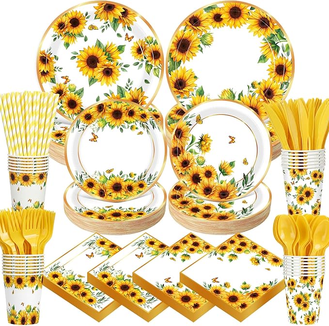 450 Pcs Sunflower Birthday Tableware Set Decorations, Serves 50 | Floral Paper by Unknown