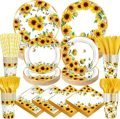 450 Pcs Sunflower Birthday Tableware Set Decorations, Serves 50 | Floral Paper by Unknown