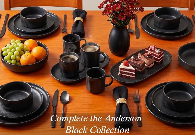 Sango 12 Pieces Stoneware Fluted Dinnerware Set, Modern Black Dishes - Image 4