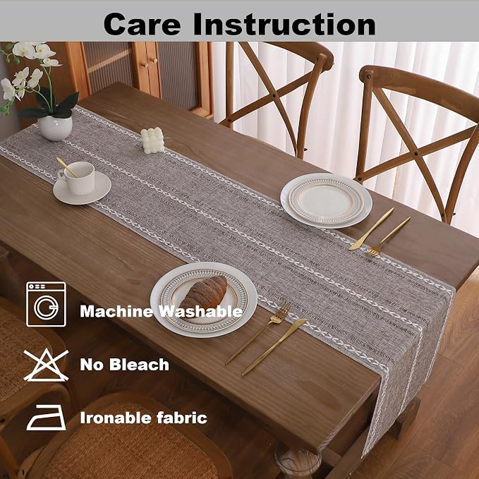 Gernaice Boho Table Runner, Rustic Embroidered Cotton Linen Farmhouse Table - Image 5