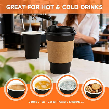 50 Pack 12 oz Disposable Coffee Cups with Lids and Sleeves, Sturdy Paper Cups for Hot/Cold Drinks, Leak-Proof To Go Coffee Cups with Lids for Home, Café, Events, Office, Black