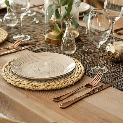 Elcoho 4 Pieces Round Woven Placemats 13.8 Inch Boho Rattan Placemats Farmhouse Braided Place Mats Woven Plate Chargers Rustic Wicker Table Mats for Dining Table
