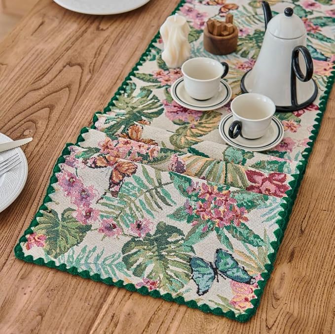 Monstera Botanical Floral Table Runner Green 12 x 71 Inch | Tropical Butterfly by HomeyHo