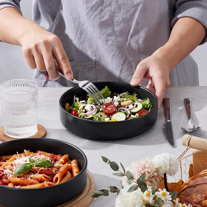 E-far Pasta Bowls Set of 6, 35 oz Large Stoneware Bowl Plates | Shallow & Wide - Image 3