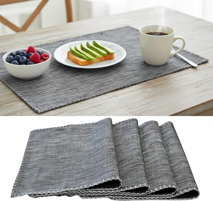 Dining Table Placemats with Decorative Stitched Edge Textured Cotton Cloth by OveeshaHomeDecor