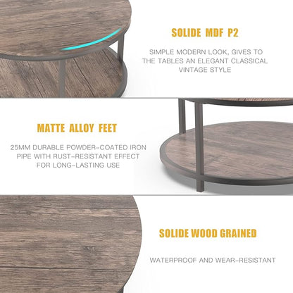 NSdirect Round Coffee Table, 36” Coffee Table for Living Room, 2-Tier Wood Desktop & Sturdy Metal Legs Table Home Furniture with Storage Shelf (Walnut)