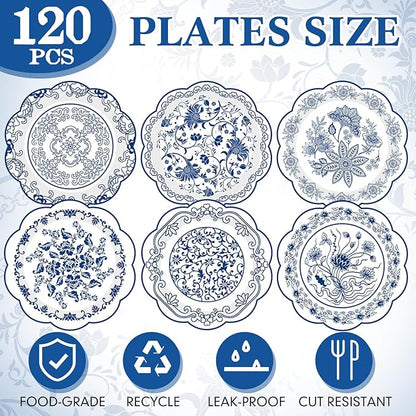 Umigy 120 Pcs 7 Inch Blue and White Floral Disposable Plates Blue Chinoiserie Floral Dessert Paper Plates for Wedding Bridal Shower Party Supplies