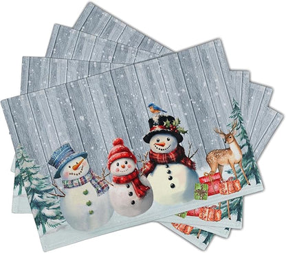 Winter Snowman Placemats Set of 4 - Xmas Tree Reindeer Snow Place Mats 12x18 Grey Wood Table Mats Kitchen Mats for Party Dining Table