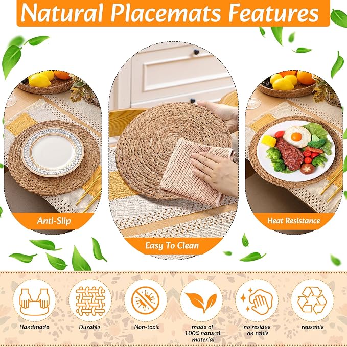 6 Sets Boho Decoration Placemats Round Woven Placemats, Cloth Napkins, Wood - Image 6