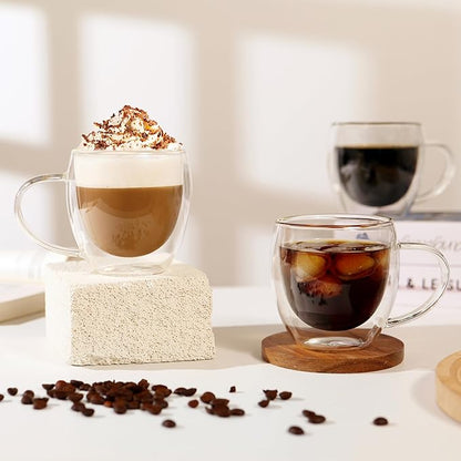 CNGLASS 12oz(4-pack) Double Walled Glass Coffee Mugs,Insulated Glass Mugs with Handle,Clear Espresso Cups for Latte,Cappuccino,Tea Bag