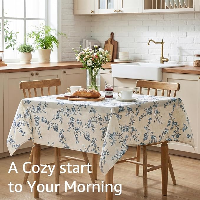 jinchan Blue Farmhouse Floral Linen Square Table Cloth 52 x 52 Inch | Rustic - Image 2