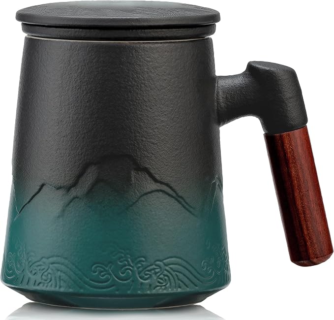 suyika Tea Cup with Infuser and Lid, 15.2 Ounce Wood Handle Ceramic Loose Leaf by suyika