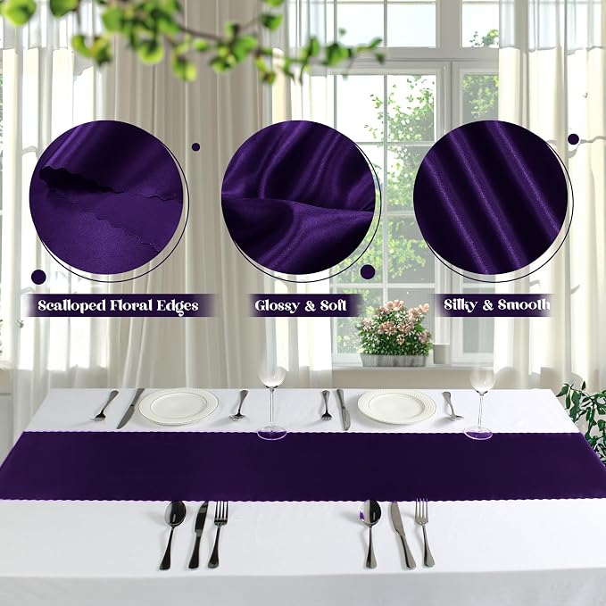 VACVELT Purple Satin Table Runners, 12x72 Inch, 12 Pack, Scalloped Edge | Silky - Image 6