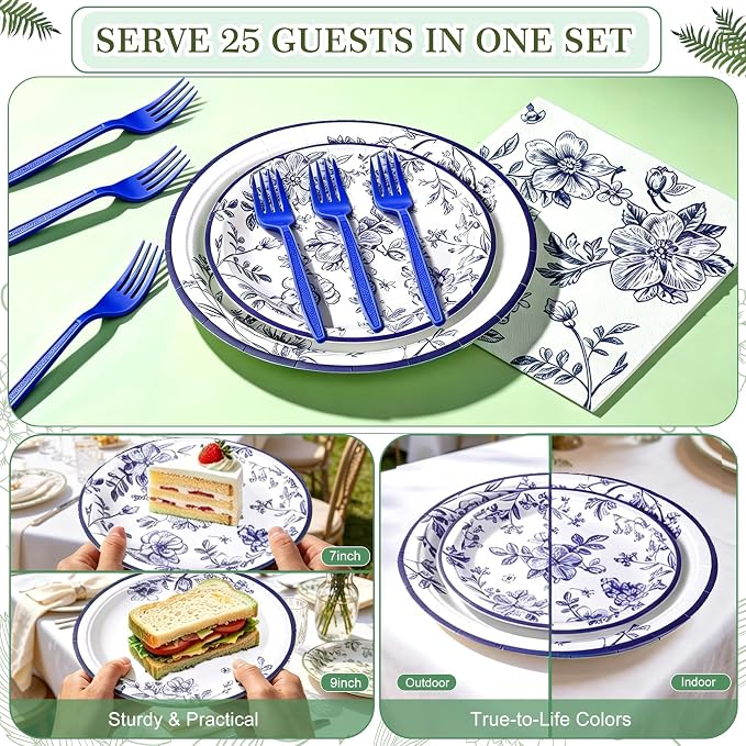 100 Pcs Disposable Blue and White Floral Tableware Set - Image 6